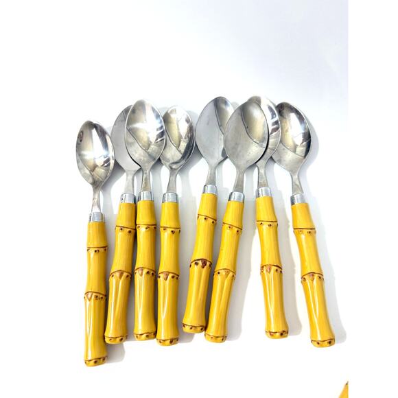 Plastic Bamboo Stainless Flatware Set 24pc Service for 8 Tropical Unique Forks - Picture 6 of 8